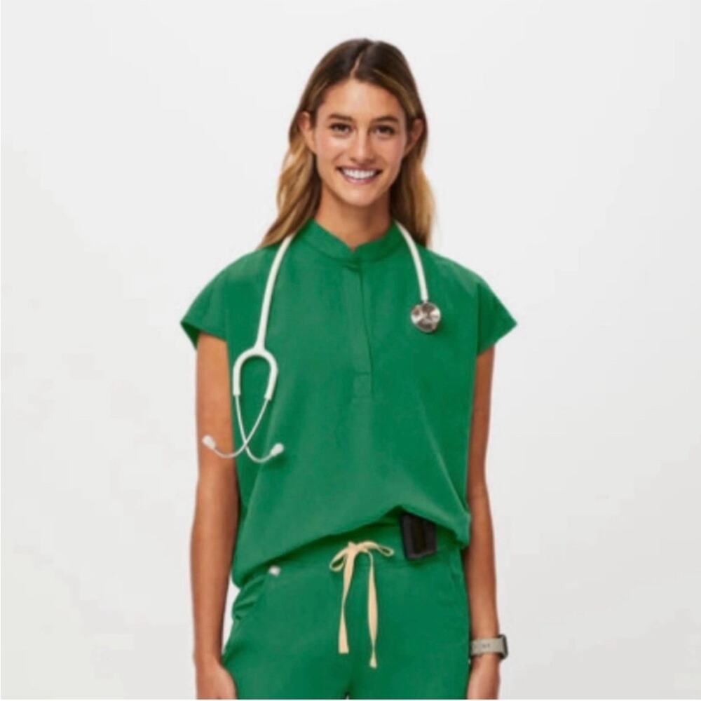 Figs Green Medical Scrub Top - Short Sleeve Mandarin Collar